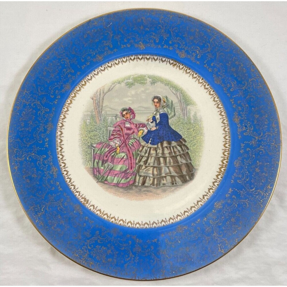 Colonial Ladies Dinner Plate Blue Century By Salem 23k Gold Filigree 11” Vintage